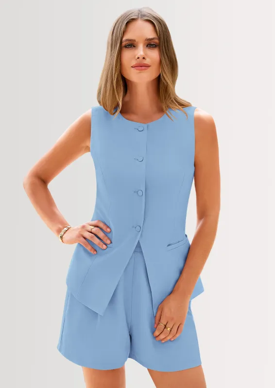 PRETTYGARDEN Two Piece Sets Button Down Suit Vest Tops High Waisted Shorts Business Casual Outfits made by PrettyGarden