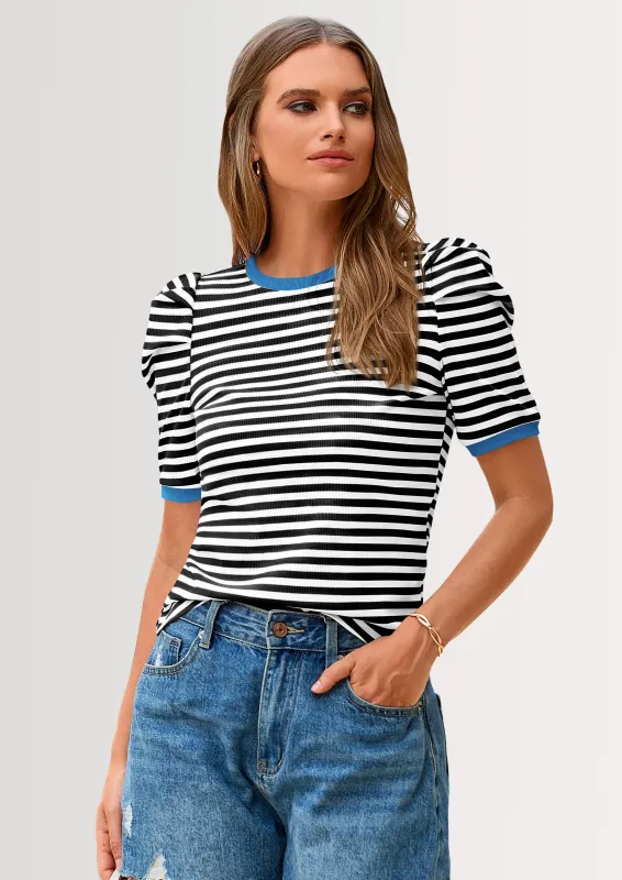 PRETTYGARDEN Women's Summer Puff Sleeve Tops Casual Ribbed Knit Crop Top Color Block Trendy Crewneck Striped Shirts made by PrettyGarden