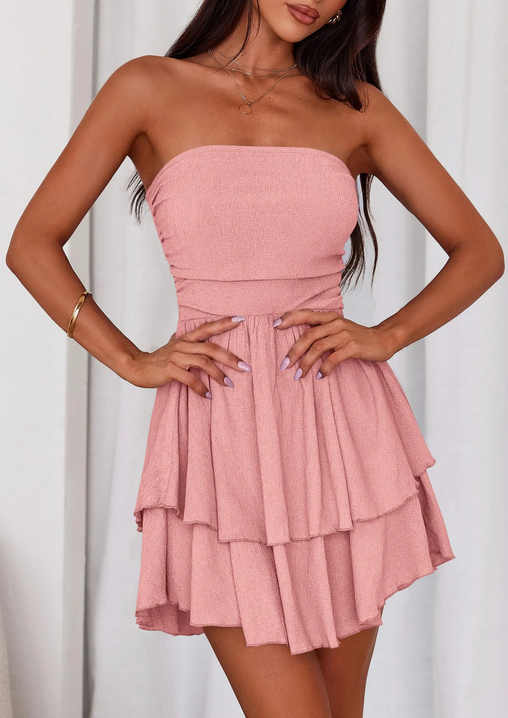 PRETTYGARDEN Women's Summer Strapless Tube Mini Dress Off Shoulder Smocked Ruffle A Line Flowy Short Party Club Dresses sold by PrettyGarden product image thumbnail 4