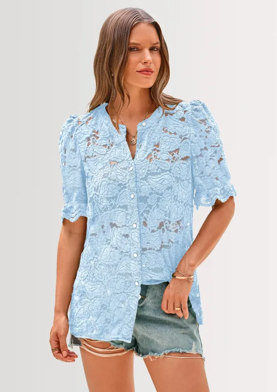 PRETTYGARDEN Womens Spring Lace Tops Short Puff Sleeve Casual Dressy Blouses Eyelet Crew Neck Button Down Shirts made by PrettyGarden