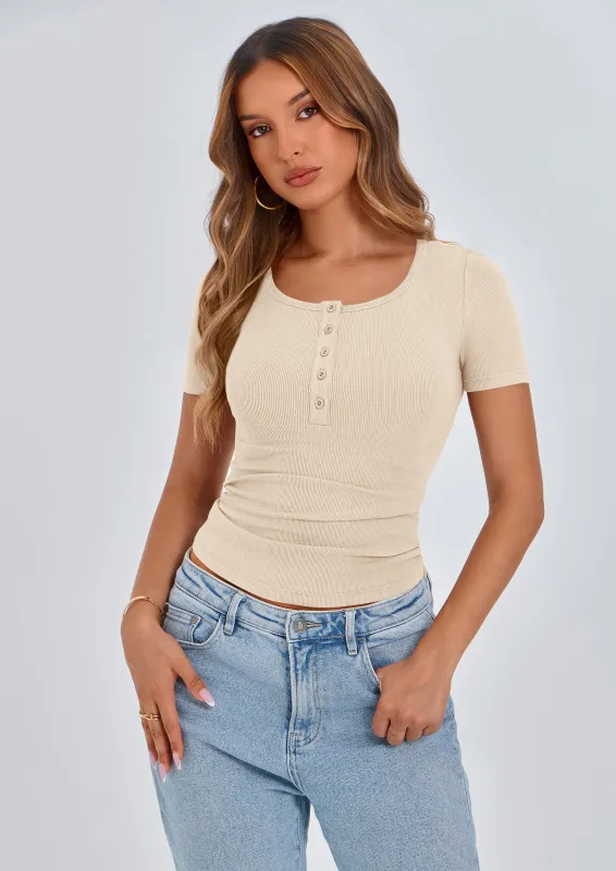 PRETTYGARDEN Women's Spring Summer Short Sleeve Tops Ribbed Henley Button Slim Fit Basic Casual T Shirts Blouse Clothing made by PrettyGarden