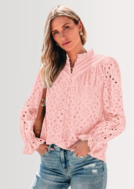 PRETTYGARDEN Women's Dressy Casual Blouse Tops Fall Spring Puff Long Sleeve Button V Neck Hollow Out Lace Embroidered Shirts made by PrettyGarden