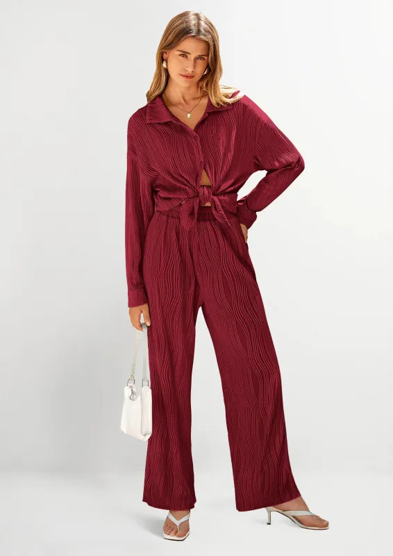 PRETTYGARDEN 2 Piece Textured Sets Casual Button Down Shirt Wide Leg Pants Outfit Loungewear Tracksuit made by PrettyGarden
