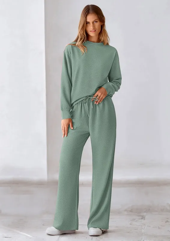PRETTYGARDEN 2 Piece Long Sleeve Pullover Tops and Wide Leg Pants Knitted Lounge Sets made by PrettyGarden