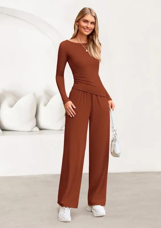 PRETTYGARDEN Women's 2 Piece Lounge Sets Asymmetrical Long Sleeve T Shirt Wide Leg Pants Casual Outfits Tracksuit made by PrettyGarden