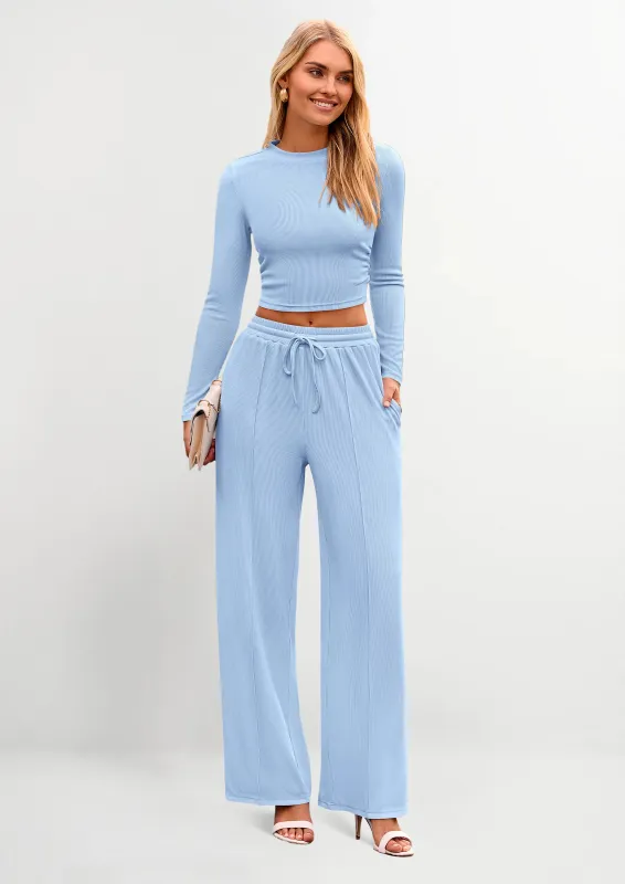 PRETTYGARDEN Women's 2 Piece Loungewear Long Sleeve Crop Top Wide Leg Palazzo Pants Set Tracksuits Casual Outfit made by PrettyGarden