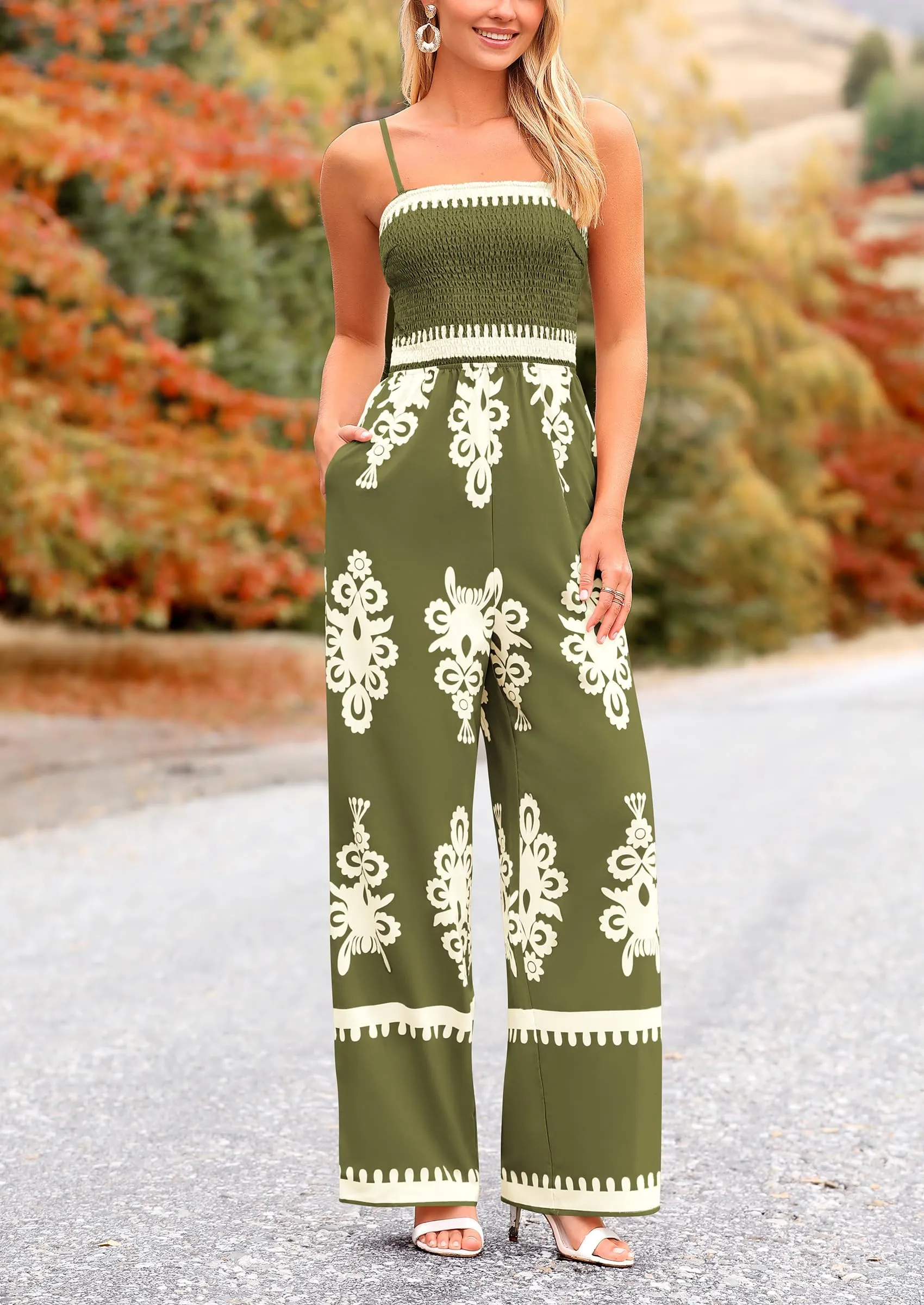 PRETTYGARDEN Boho Jumpsuits Beach Vacation Outfits Spaghetti Strap Wide Leg Pants Rompers sold by PrettyGarden product image thumbnail 3