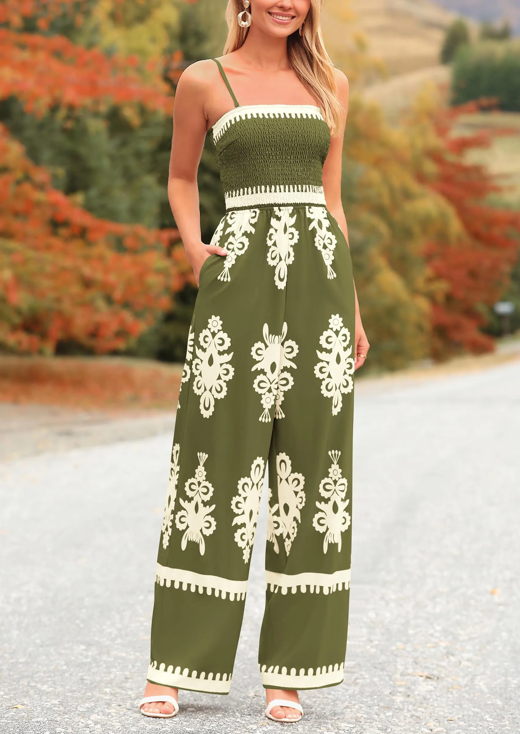 PRETTYGARDEN Boho Jumpsuits Beach Vacation Outfits Spaghetti Strap Wide Leg Pants Rompers sold by PrettyGarden product image thumbnail 4