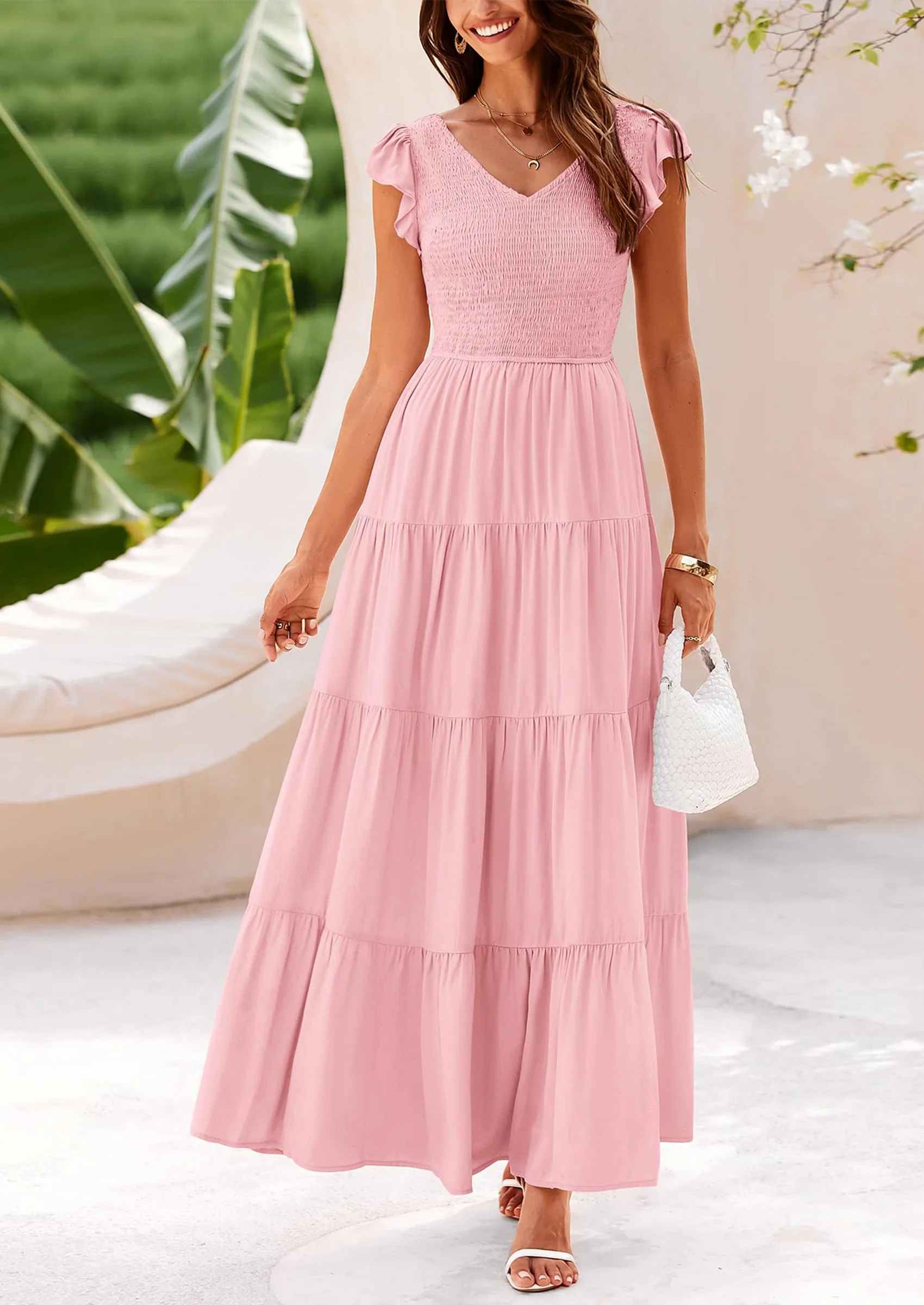 PRETTYGARDEN Women's Flowy Maxi Dress Casual Cap Sleeve V Neck Smocked Beach Sundress sold by PrettyGarden product image thumbnail 3