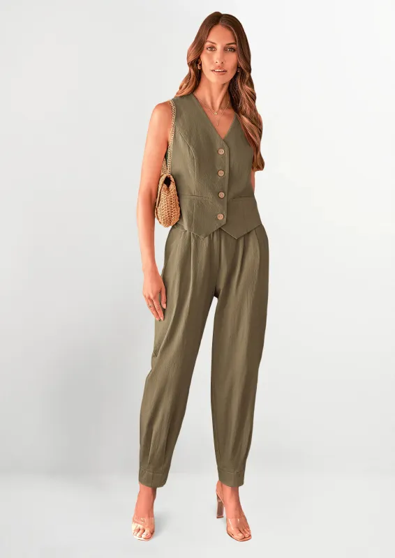 PRETTYGARDEN Two Piece V Neck Button Front Cropped Tank Tops Vest Pockets Pants Cotton Sets made by PrettyGarden