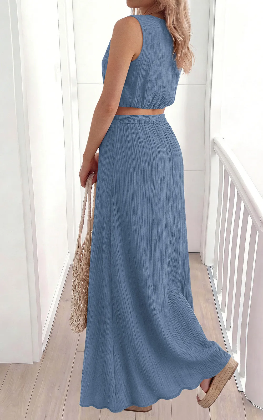 PRETTYGARDEN 2 Piece Sets for Women Summer Outfits Fashion Cotton Sleeveless Crop Top Long Maxi Skirt Set with Pockets sold by PrettyGarden product image thumbnail 5