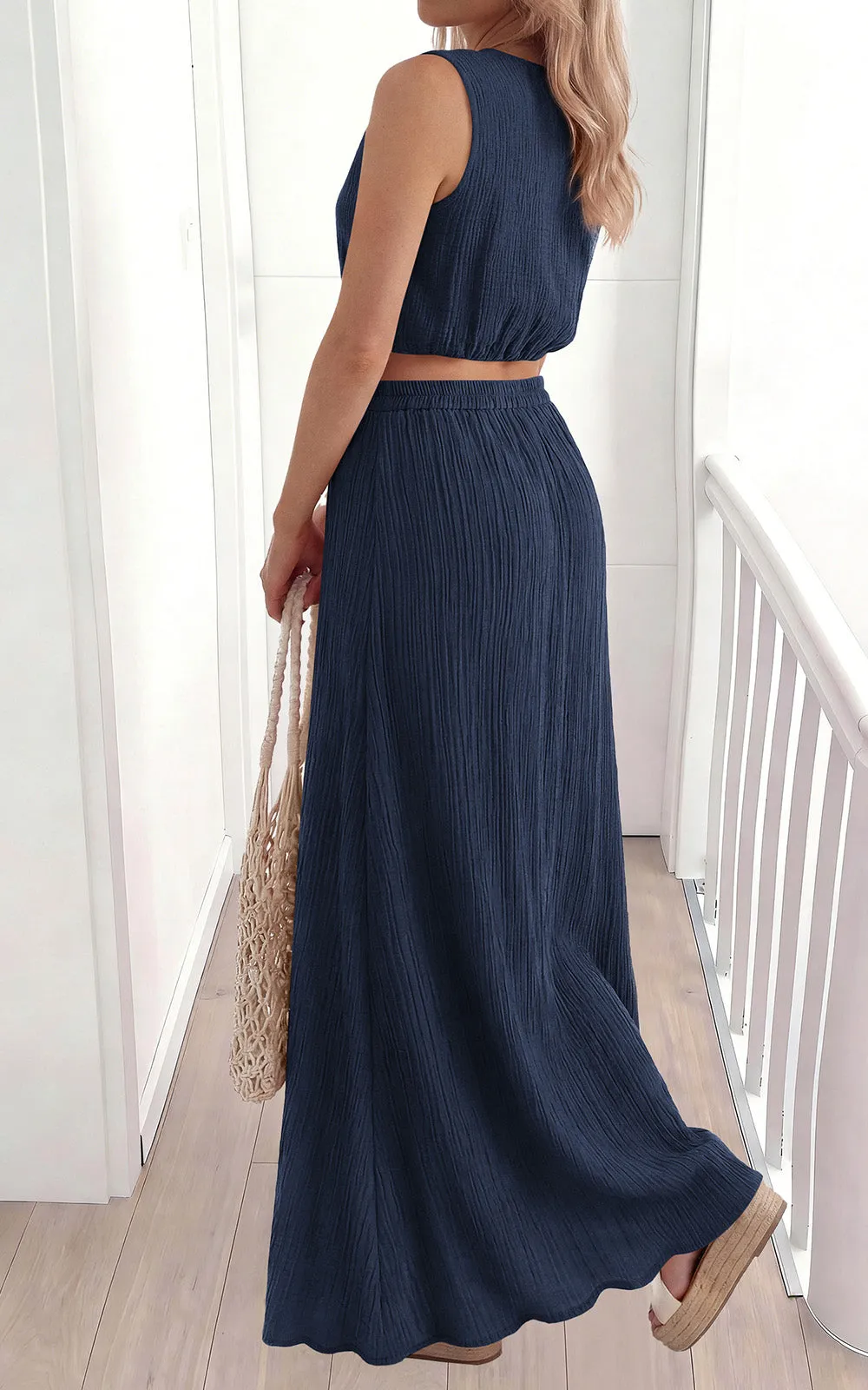 PRETTYGARDEN 2 Piece Sets for Women Summer Outfits Fashion Cotton Sleeveless Crop Top Long Maxi Skirt Set with Pockets sold by PrettyGarden product image thumbnail 2