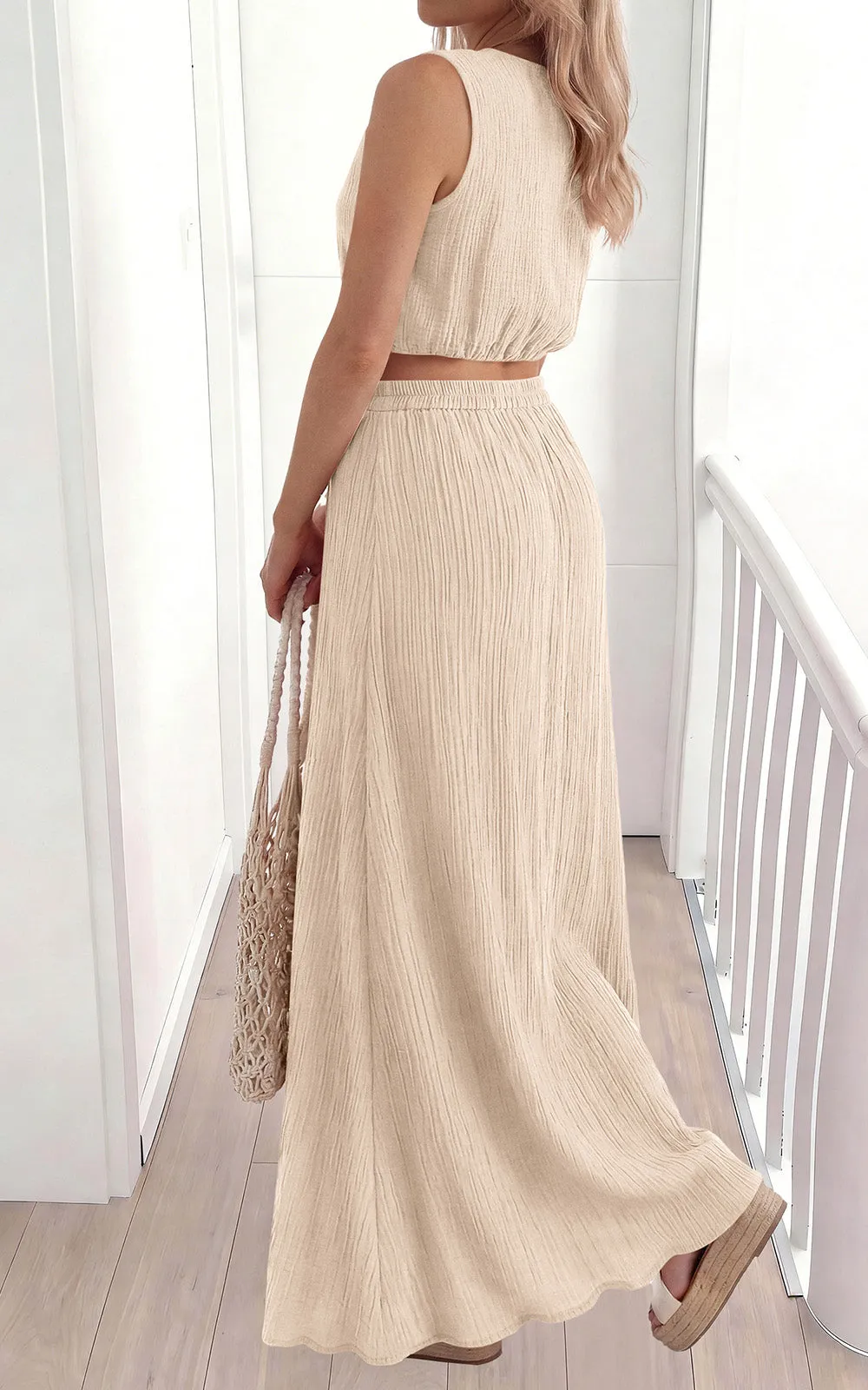 PRETTYGARDEN 2 Piece Sets for Women Summer Outfits Fashion Cotton Sleeveless Crop Top Long Maxi Skirt Set with Pockets sold by PrettyGarden product image thumbnail 3