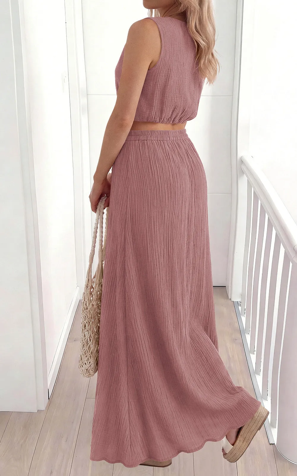 PRETTYGARDEN 2 Piece Sets for Women Summer Outfits Fashion Cotton Sleeveless Crop Top Long Maxi Skirt Set with Pockets sold by PrettyGarden product image thumbnail 4