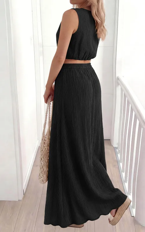 PRETTYGARDEN 2 Piece Sets for Women Summer Outfits Fashion Cotton Sleeveless Crop Top Long Maxi Skirt Set with Pockets made by PrettyGarden