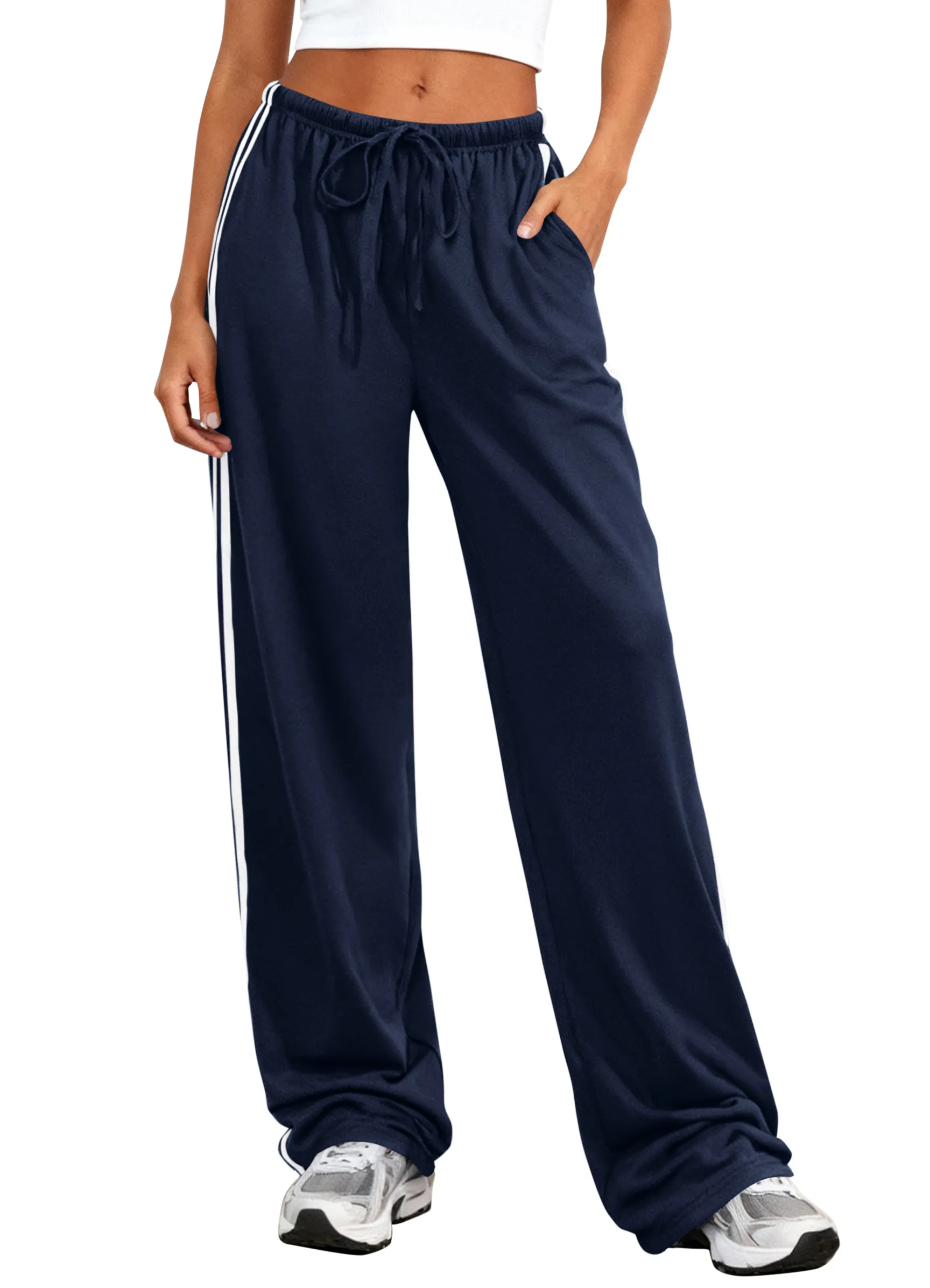 PRETTYGARDEN Womens Wide Leg Sweat Pants Striped Drawstring Waist Casual Athletic Track Flowy Pants Trousers Summer Clothes sold by PrettyGarden product image thumbnail 4