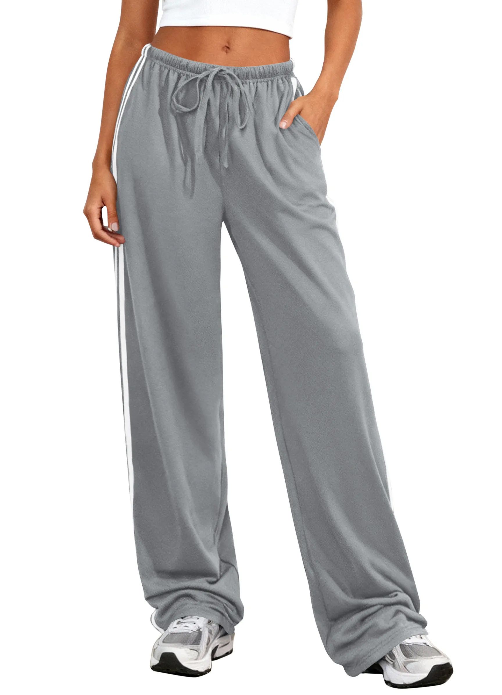PRETTYGARDEN Womens Wide Leg Sweat Pants Striped Drawstring Waist Casual Athletic Track Flowy Pants Trousers Summer Clothes sold by PrettyGarden product image thumbnail 2