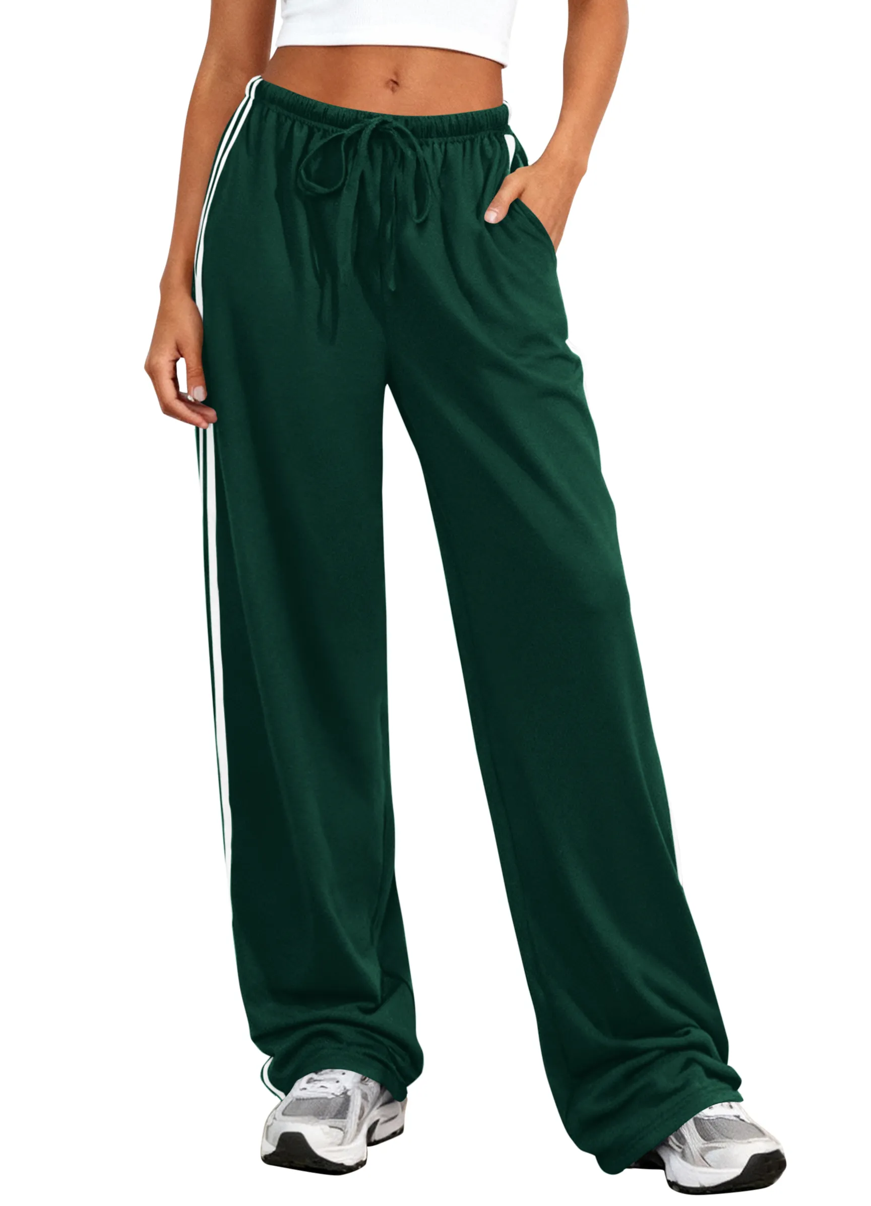 PRETTYGARDEN Womens Wide Leg Sweat Pants Striped Drawstring Waist Casual Athletic Track Flowy Pants Trousers Summer Clothes sold by PrettyGarden product image thumbnail 3