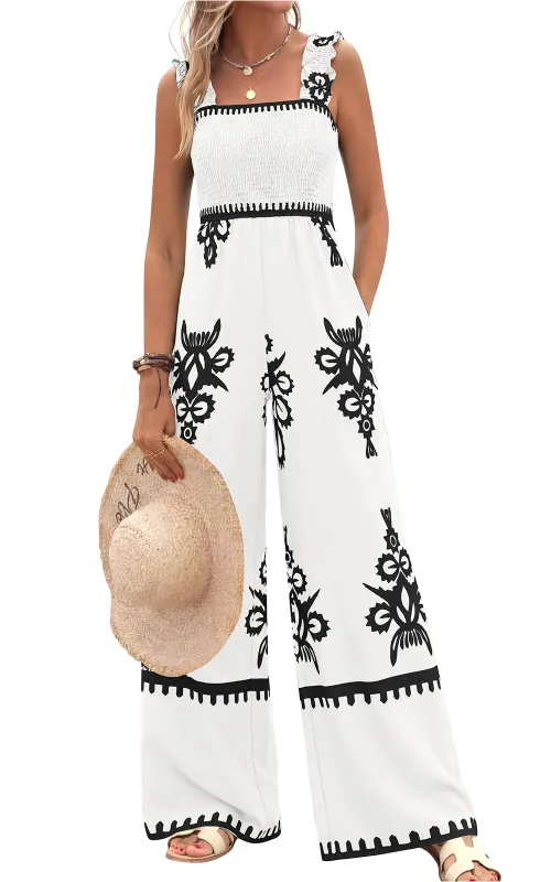 PRETTYGARDEN Womens Jumpsuit Casual One Piece Boho Summer Outfits Shirred Strap Wide Leg Long Pants Rompers With Pockets made by PrettyGarden