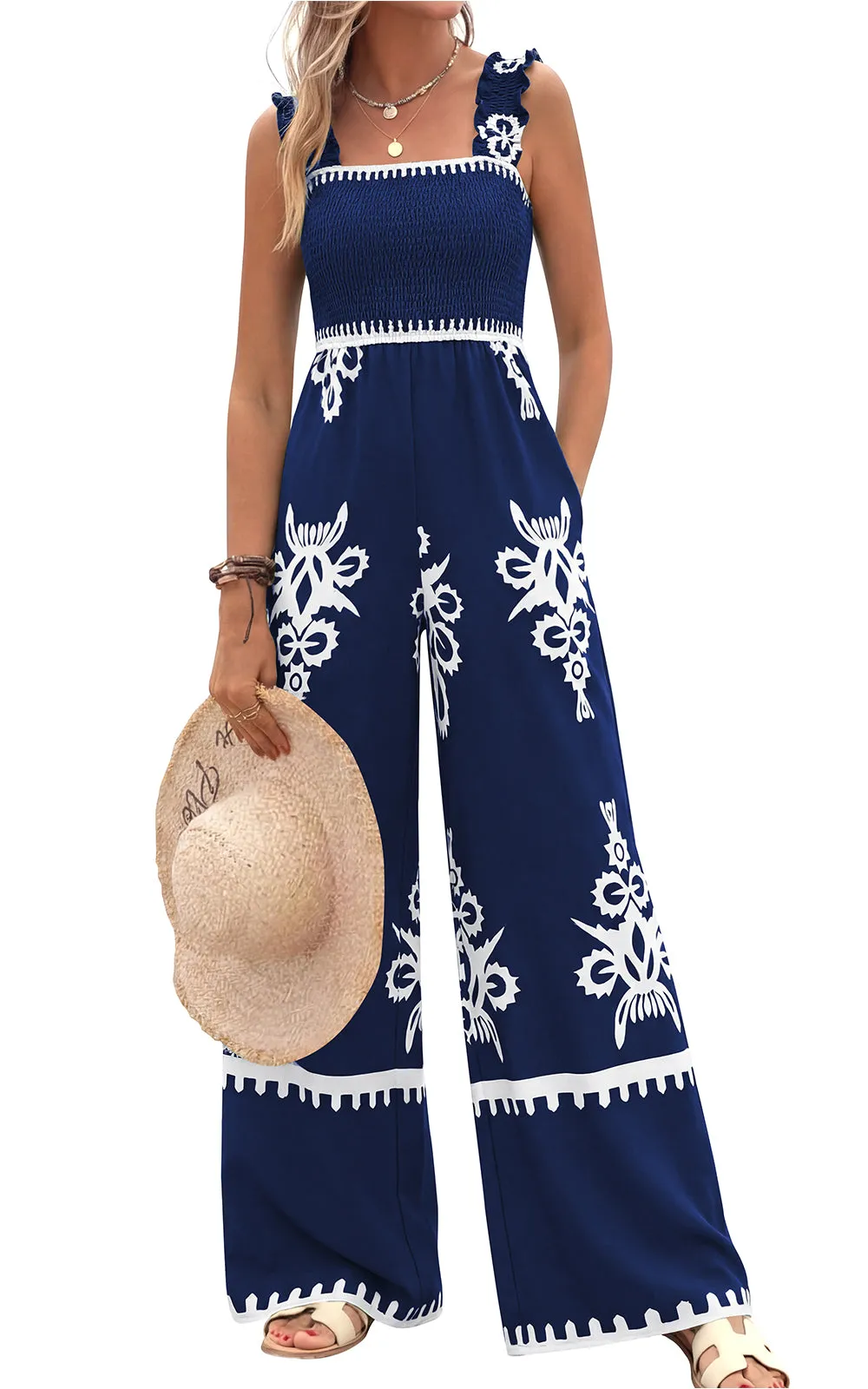 PRETTYGARDEN Womens Jumpsuit Casual One Piece Boho Summer Outfits Shirred Strap Wide Leg Long Pants Rompers With Pockets sold by PrettyGarden product image thumbnail 3