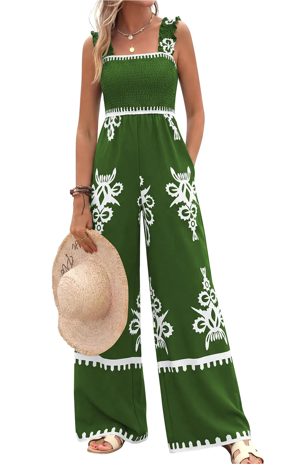 PRETTYGARDEN Womens Jumpsuit Casual One Piece Boho Summer Outfits Shirred Strap Wide Leg Long Pants Rompers With Pockets sold by PrettyGarden product image thumbnail 5