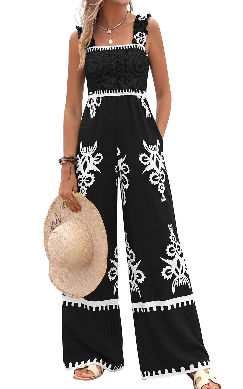 PRETTYGARDEN Womens Jumpsuit Casual One Piece Boho Summer Outfits Shirred Strap Wide Leg Long Pants Rompers With Pockets sold by PrettyGarden product image thumbnail 4