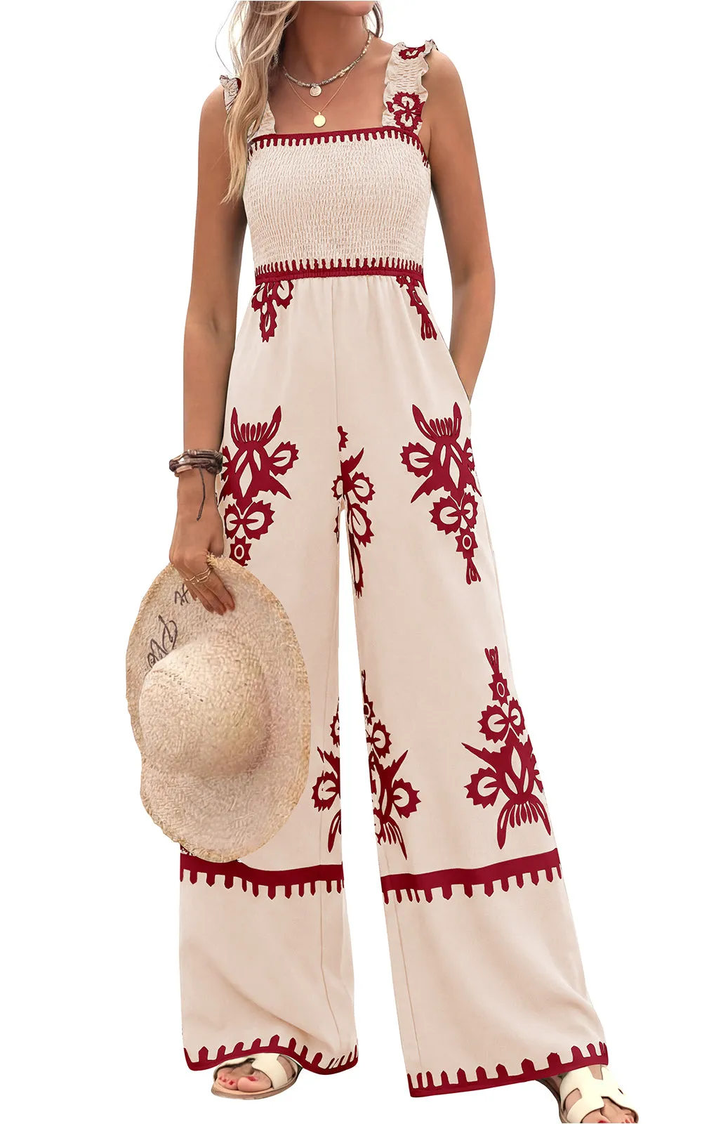 PRETTYGARDEN Womens Jumpsuit Casual One Piece Boho Summer Outfits Shirred Strap Wide Leg Long Pants Rompers With Pockets sold by PrettyGarden product image thumbnail 2