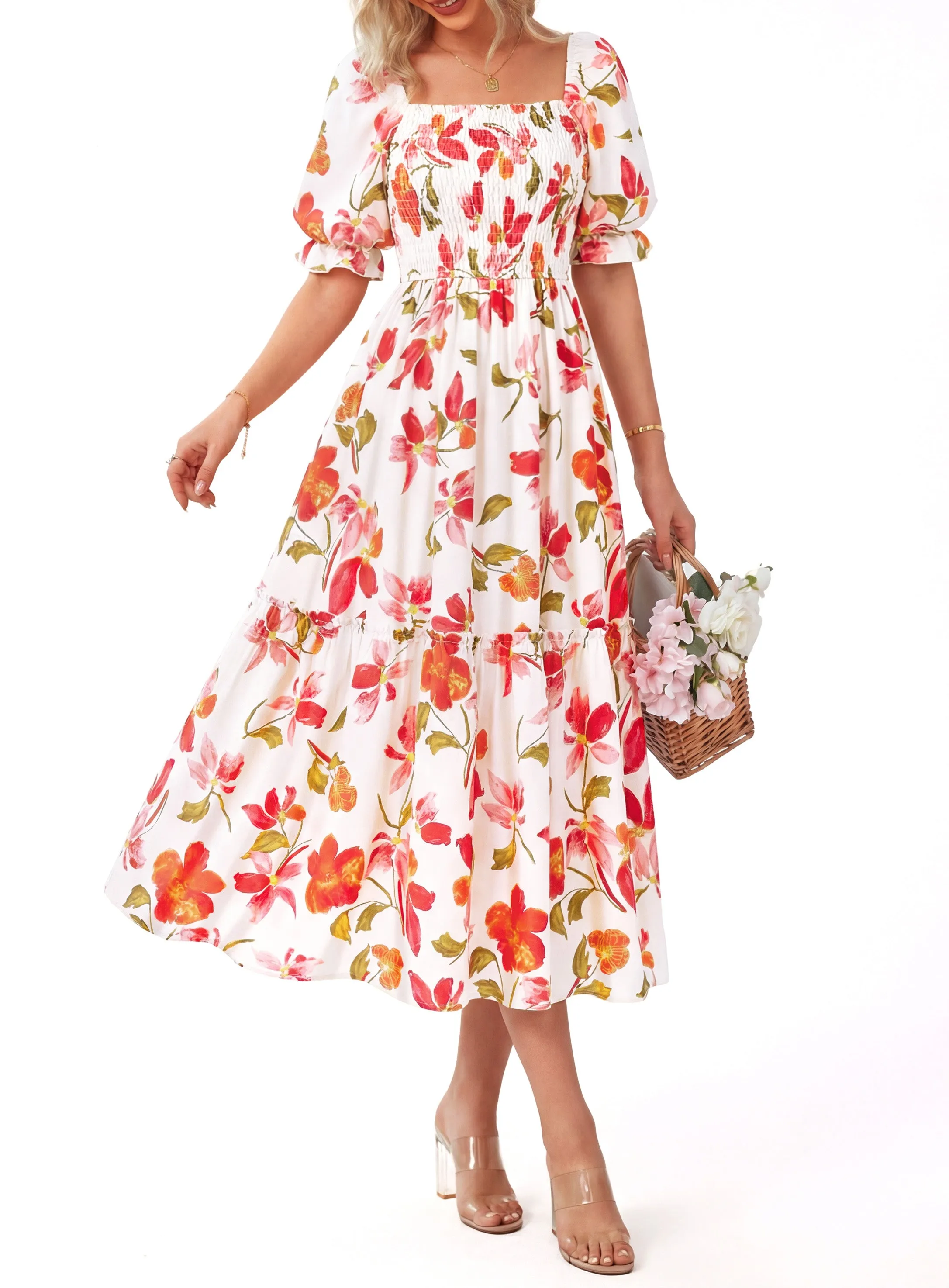 PRETTYGARDEN Women's Summer Casual Dresses Spring Puff Sleeve Square Neck A Line Flowy Boho Floral Smocked Midi Dress sold by PrettyGarden product image thumbnail 4