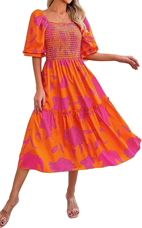 PRETTYGARDEN Women's Summer Casual Dresses Spring Puff Sleeve Square Neck A Line Flowy Boho Floral Smocked Midi Dress sold by PrettyGarden
