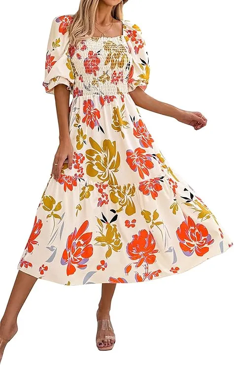 PRETTYGARDEN Women's Summer Casual Dresses Spring Puff Sleeve Square Neck A Line Flowy Boho Floral Smocked Midi Dress sold by PrettyGarden product image thumbnail 3