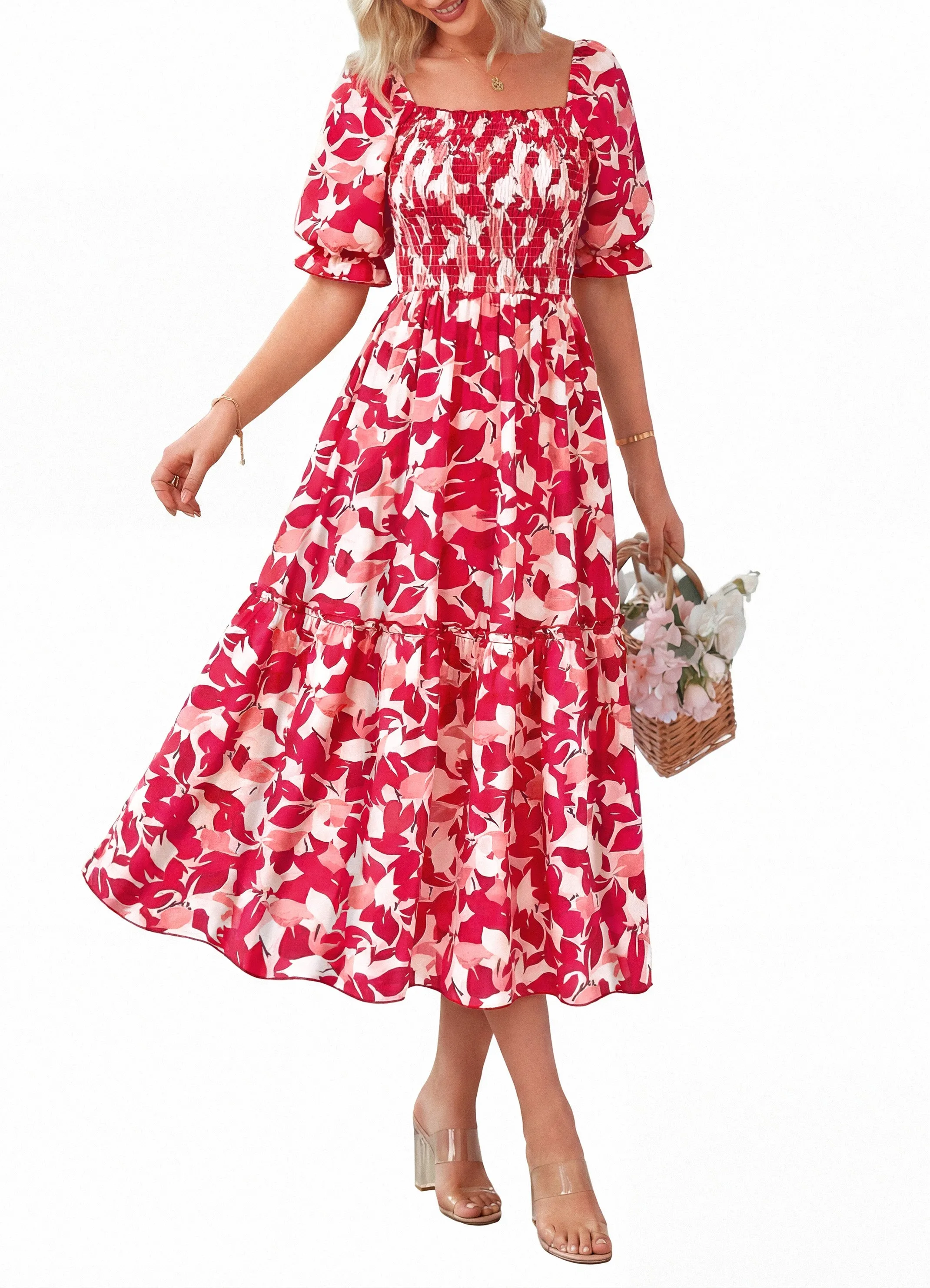 PRETTYGARDEN Women's Summer Casual Dresses Spring Puff Sleeve Square Neck A Line Flowy Boho Floral Smocked Midi Dress sold by PrettyGarden product image thumbnail 5