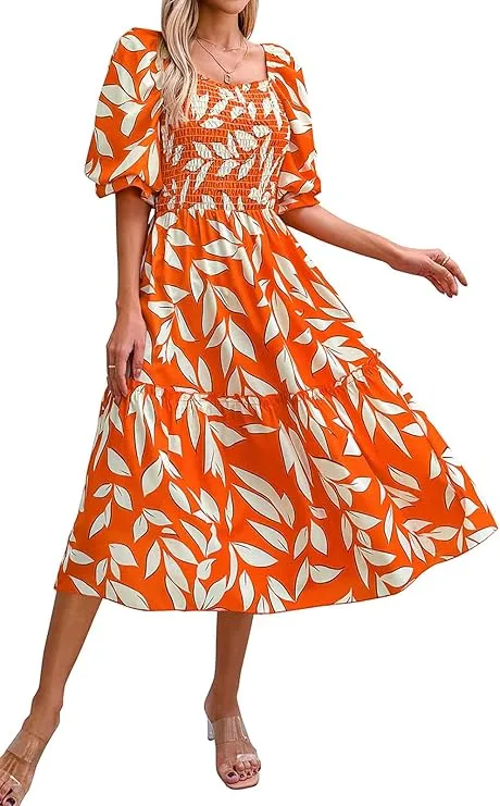 PRETTYGARDEN Women's Summer Casual Dresses Spring Puff Sleeve Square Neck A Line Flowy Boho Floral Smocked Midi Dress sold by PrettyGarden product image thumbnail 2