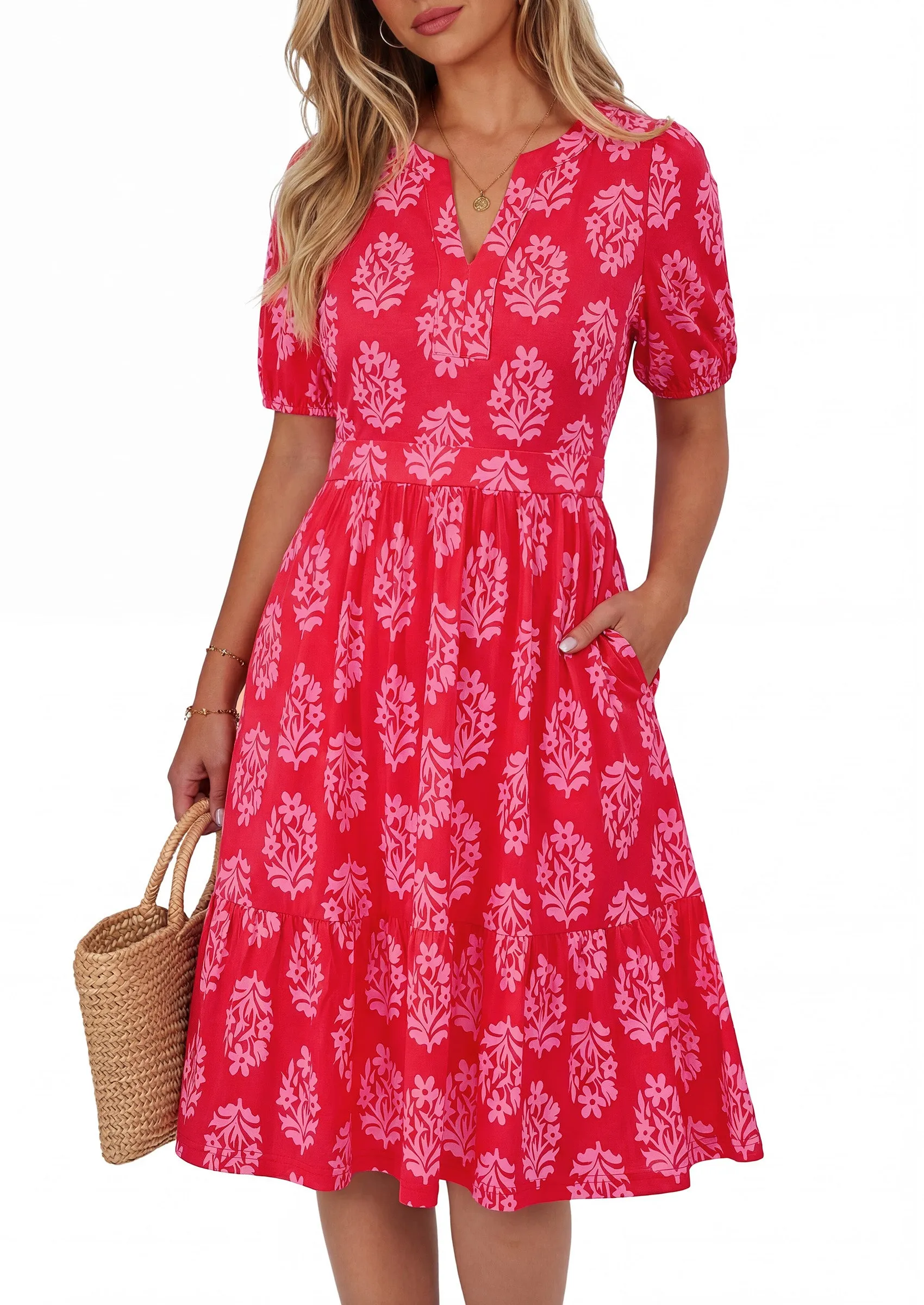 PRETTYGARDEN Womens Summer Casaul Short Dresses Floral V Neck Puff Sleeve Boho A Line Flowy Mini Beach Vacation Dress sold by PrettyGarden product image thumbnail 4