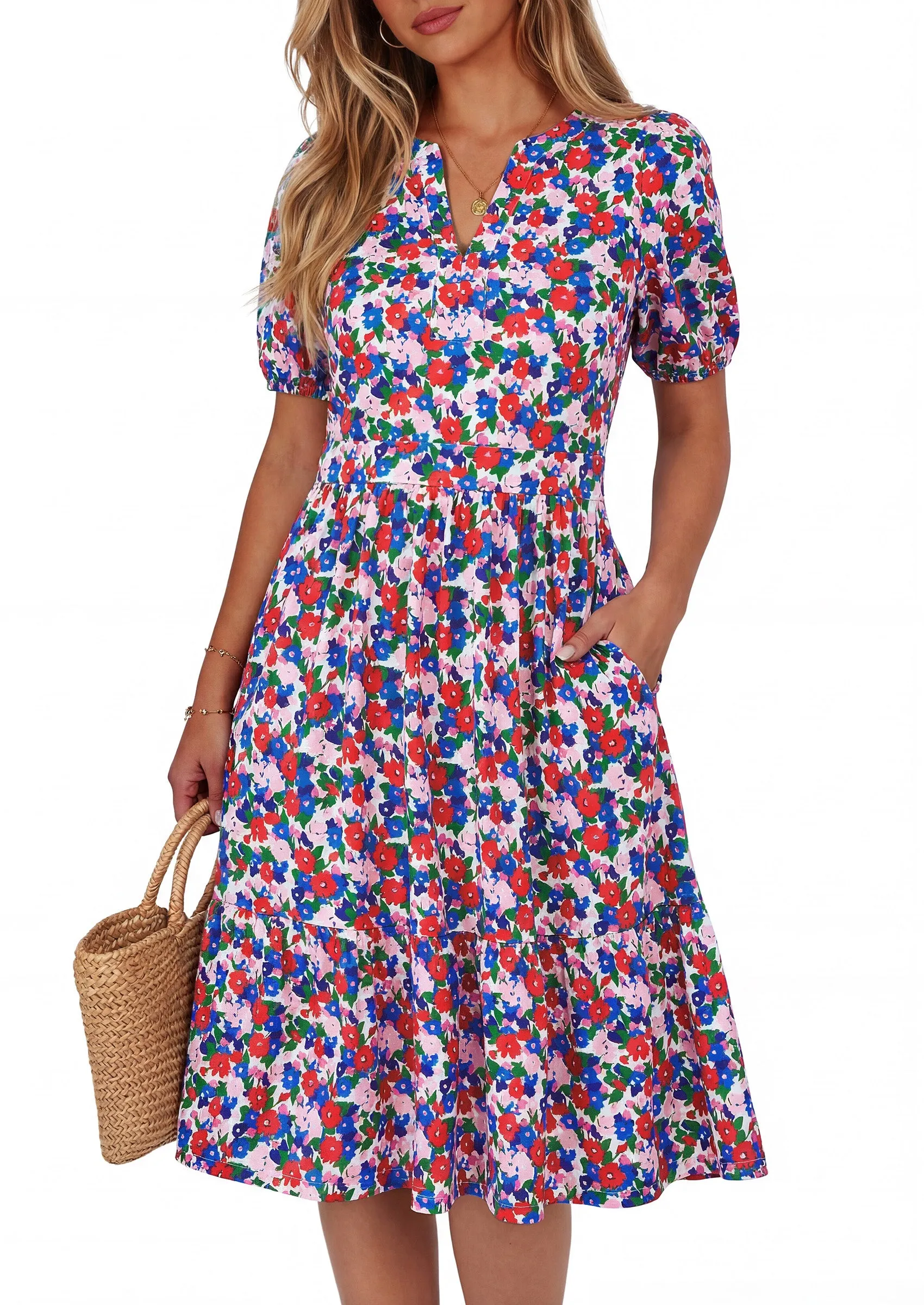 PRETTYGARDEN Womens Summer Casaul Short Dresses Floral V Neck Puff Sleeve Boho A Line Flowy Mini Beach Vacation Dress sold by PrettyGarden product image thumbnail 3