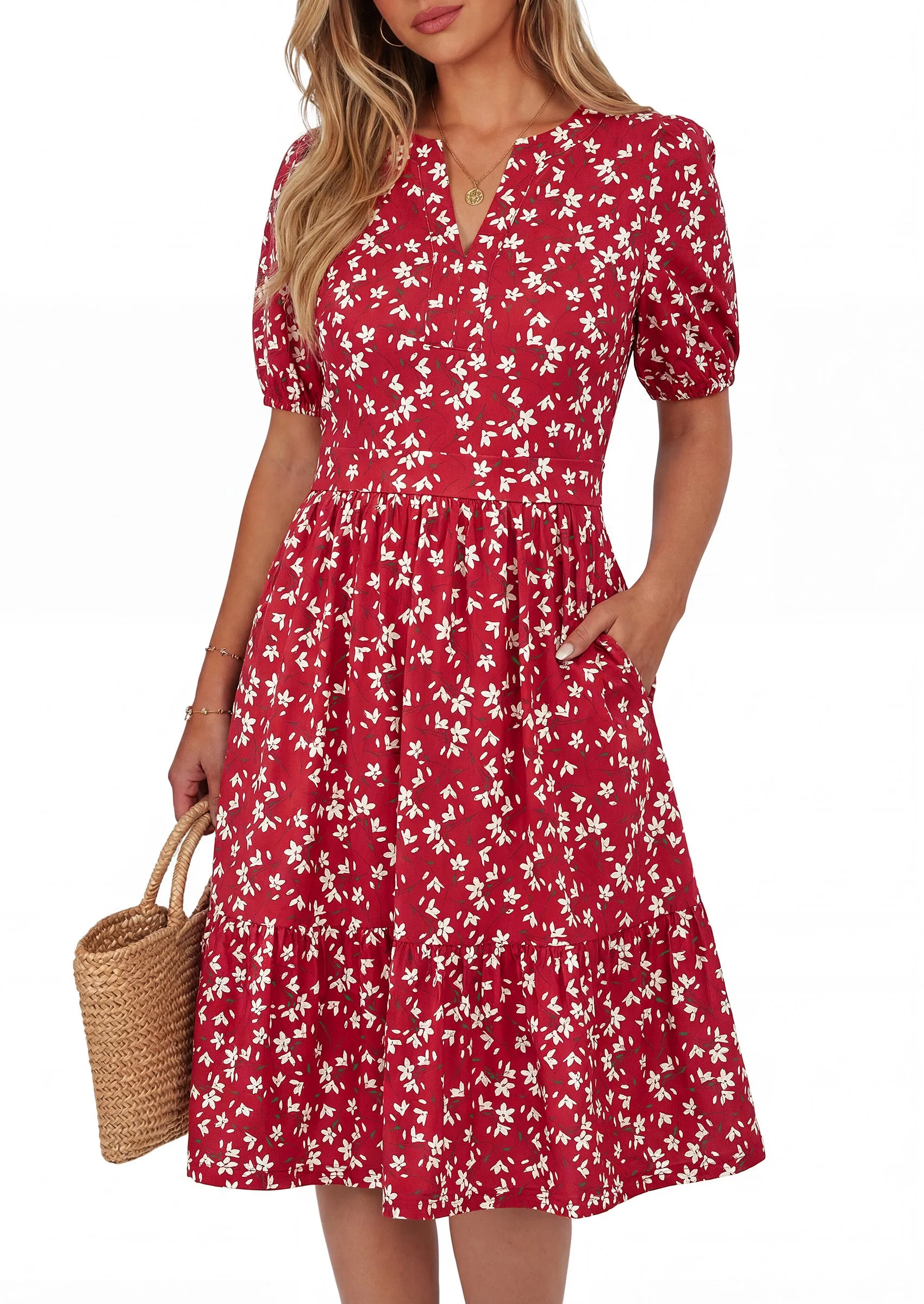 PRETTYGARDEN Womens Summer Casaul Short Dresses Floral V Neck Puff Sleeve Boho A Line Flowy Mini Beach Vacation Dress sold by PrettyGarden product image thumbnail 2