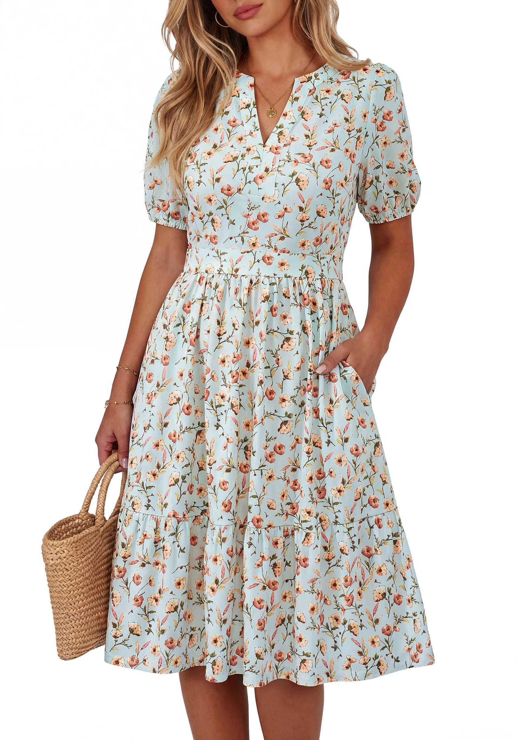 PRETTYGARDEN Womens Summer Casaul Short Dresses Floral V Neck Puff Sleeve Boho A Line Flowy Mini Beach Vacation Dress sold by PrettyGarden product image thumbnail 5