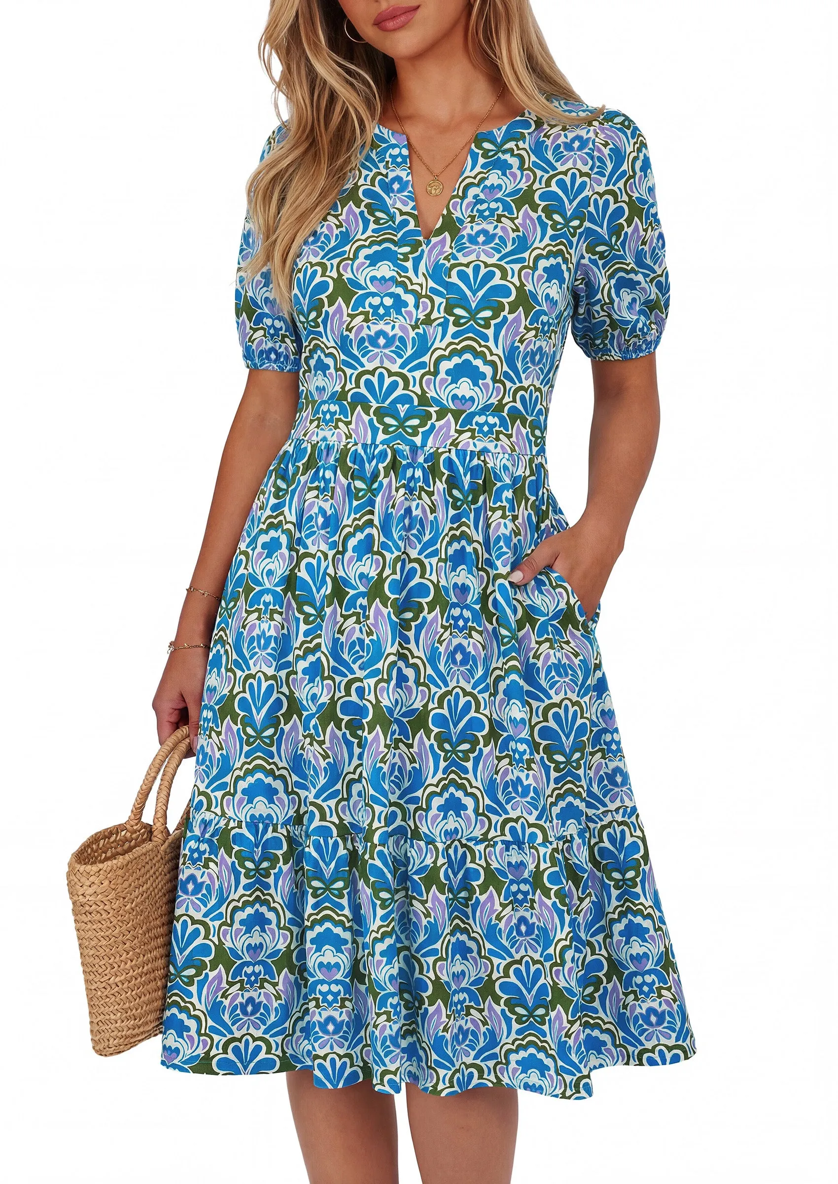 PRETTYGARDEN Womens Summer Casaul Short Dresses Floral V Neck Puff Sleeve Boho A Line Flowy Mini Beach Vacation Dress sold by PrettyGarden
