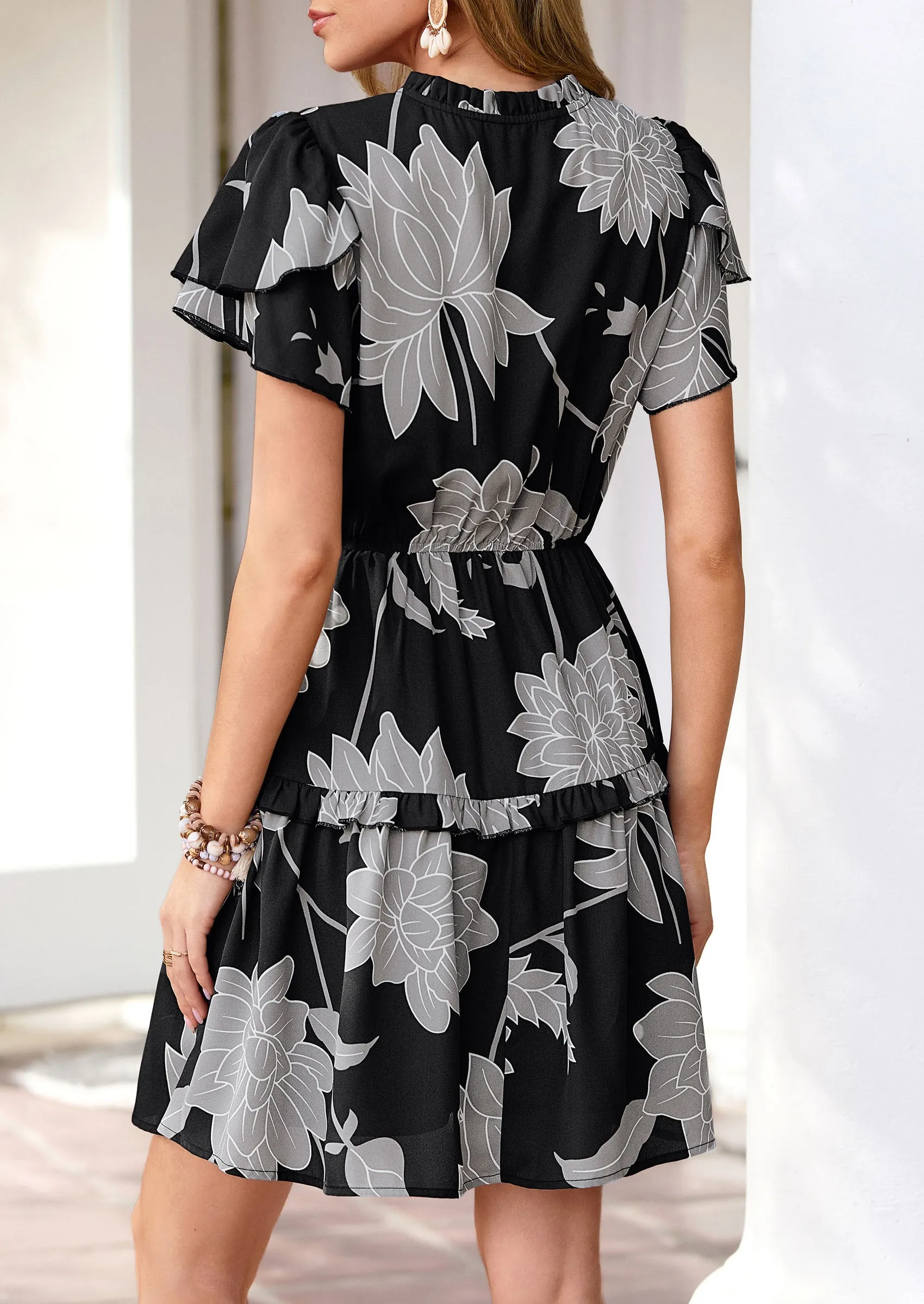 PRETTYGARDEN Womens Summer Floral Mini Dress Trendy Ruffle Short Sleeve V Neck Flowy A Line Short Beach Dresses sold by PrettyGarden product image thumbnail 4