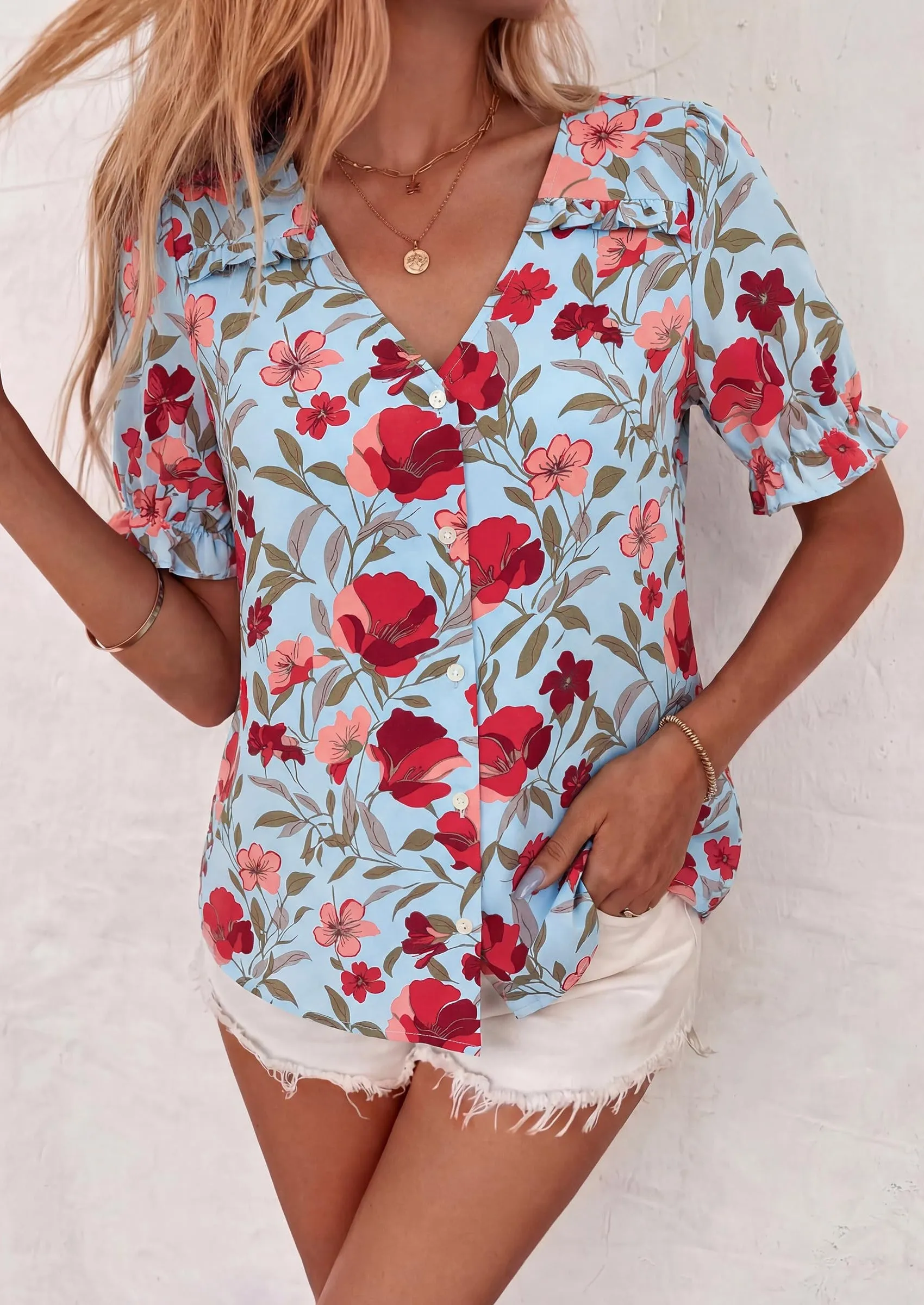 PRETTYGARDEN Womens Boho Tops Summer V Neck Puff Sleeve Casual Button Down Ruffle Floral Blouses Shirts Work Clothes sold by PrettyGarden product image thumbnail 3