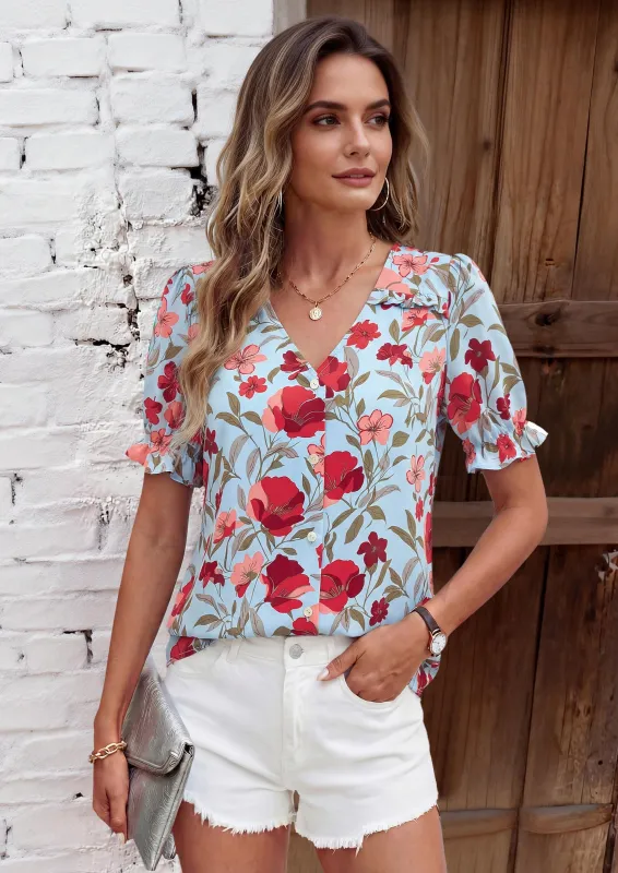 PRETTYGARDEN Womens Boho Tops Summer V Neck Puff Sleeve Casual Button Down Ruffle Floral Blouses Shirts Work Clothes made by PrettyGarden