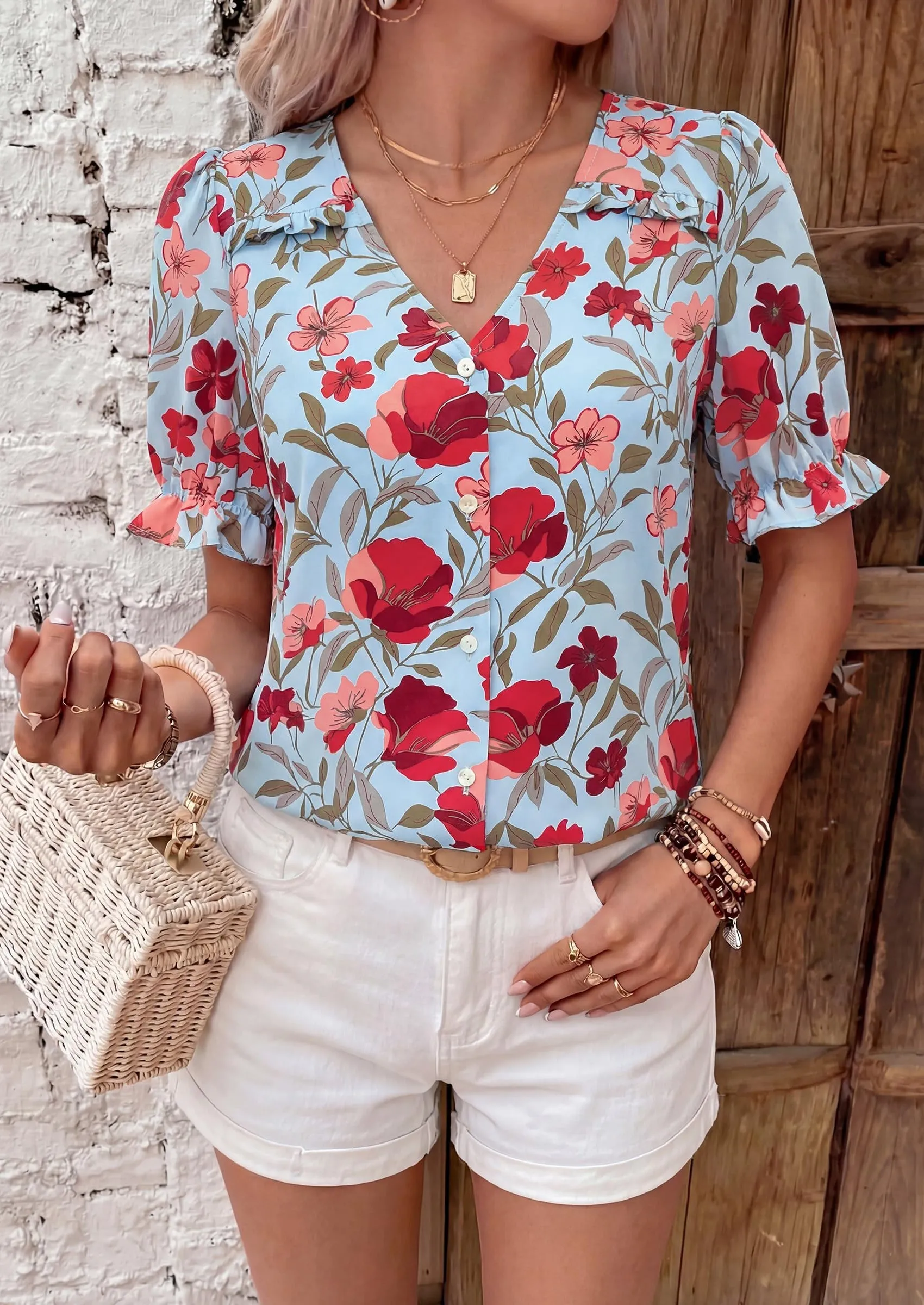 PRETTYGARDEN Womens Boho Tops Summer V Neck Puff Sleeve Casual Button Down Ruffle Floral Blouses Shirts Work Clothes sold by PrettyGarden product image thumbnail 4