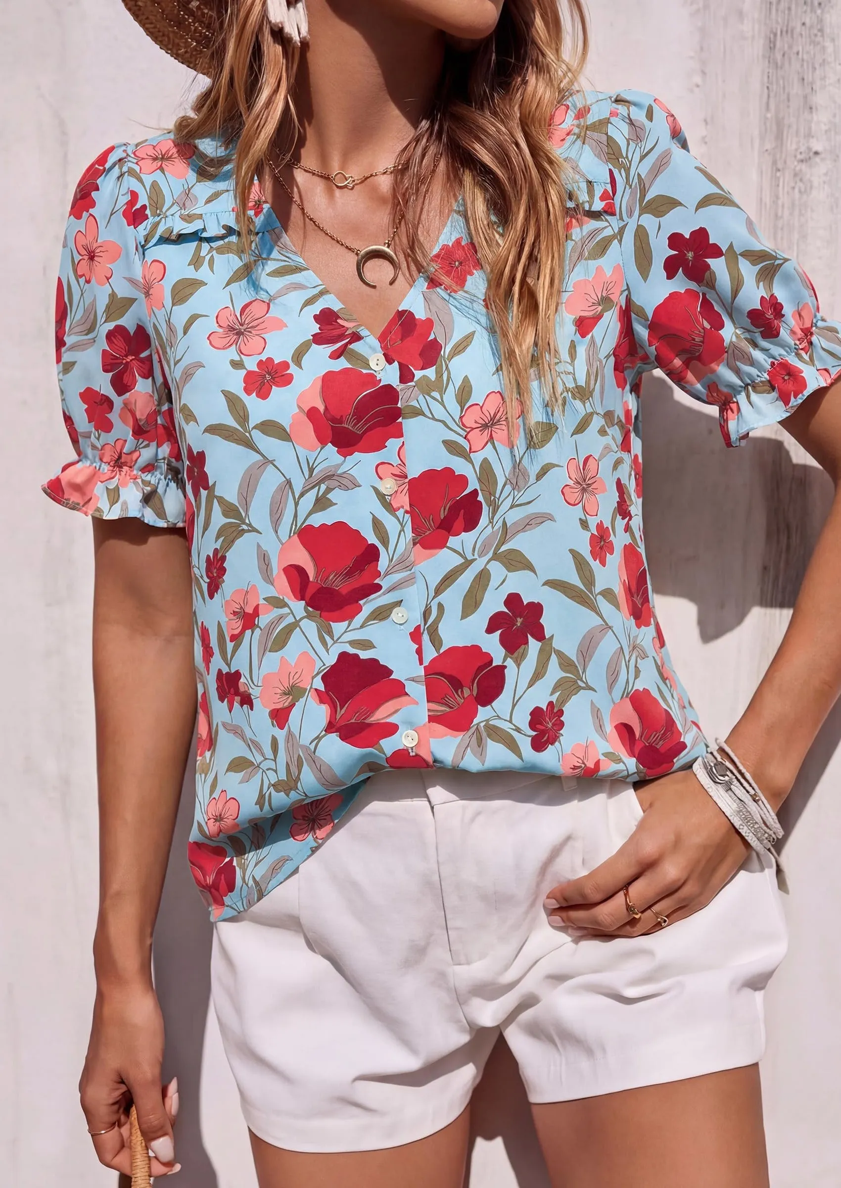 PRETTYGARDEN Womens Boho Tops Summer V Neck Puff Sleeve Casual Button Down Ruffle Floral Blouses Shirts Work Clothes sold by PrettyGarden product image thumbnail 2