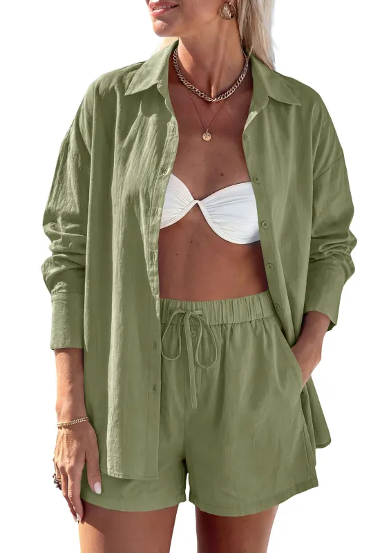 PRETTYGARDEN Women's Summer 2 Piece Matching Lounge Sets Pajamas Long Sleeve Shirts Blouse Pockets Shorts Spring Outfits made by PrettyGarden