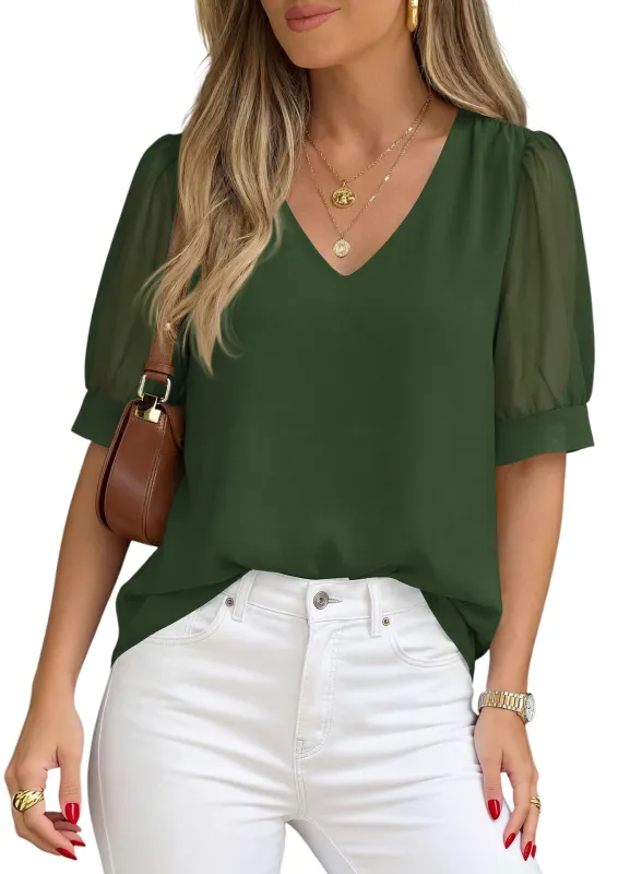 PRETTYGARDEN Womens Tops Dressy Casual Puff Sleeve Chiffon Blouses V Neck Business Work Shirts 2026 Summer Fashion Clothing made by PrettyGarden