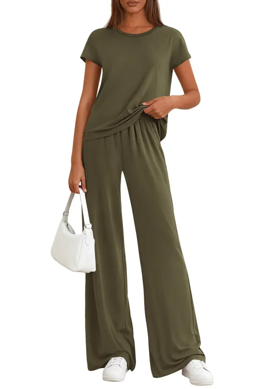 PRETTYGARDEN Women's 2026 Summer 2 Piece Matching Lounge Sets Short Sleeve Shirts Tops Wide Leg Pants Travel Airport Outfits made by PrettyGarden