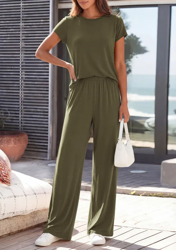 PRETTYGARDEN Women's 2026 Summer 2 Piece Matching Lounge Sets Short Sleeve Shirts Tops Wide Leg Pants Travel Airport Outfits made by PrettyGarden