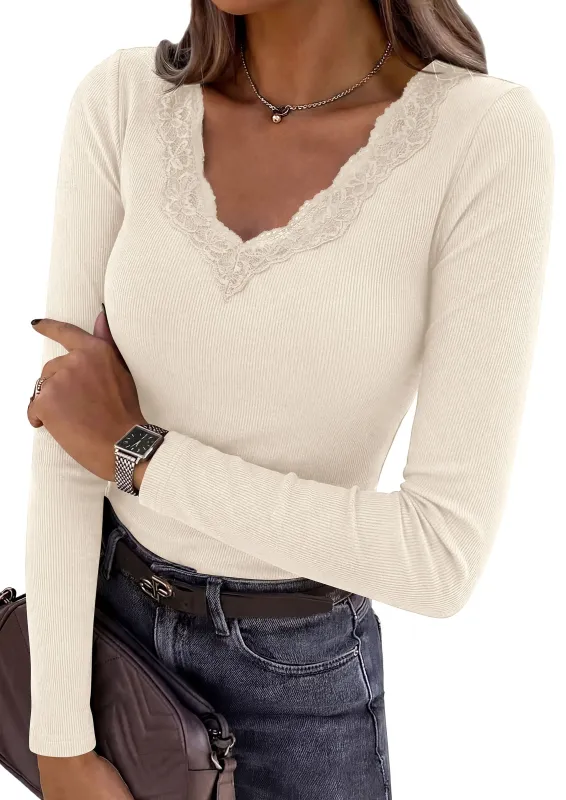 PRETTYGARDEN Women's Long Sleeve Shirts Lace Trim V Neck Ribbed Slim Fitted Basic Tees Y2K Going Out Tops Fall Clothes made by PrettyGarden