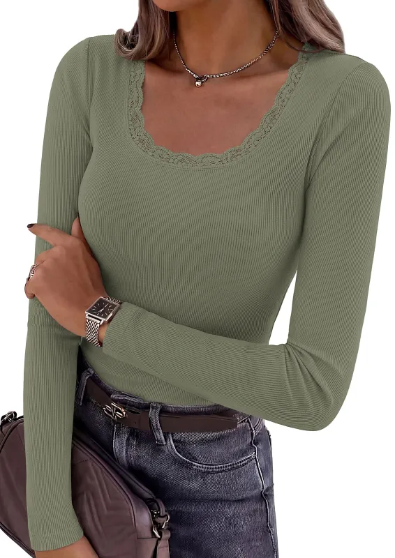 PRETTYGARDEN Womens Long Sleeve Tops Casual Fall Fashion 2026 Lace Square Neck Fitted Ribbed Knit Tee Shirts Winter Clothing made by PrettyGarden