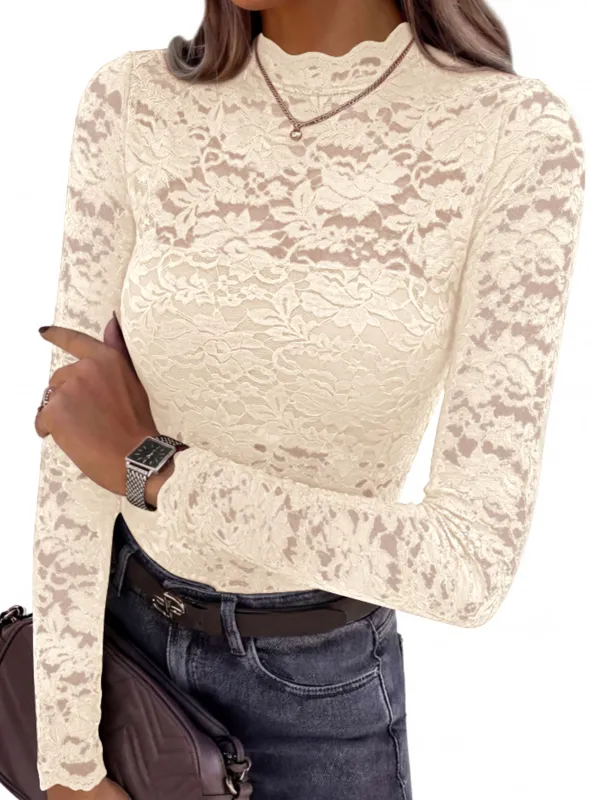 PRETTYGARDEN Womens Lace Long Sleeve Top Mesh Sheer Blouses Mock Neck See Through Slim Fitted Tops 2026 Fall Fashion Clothes made by PrettyGarden
