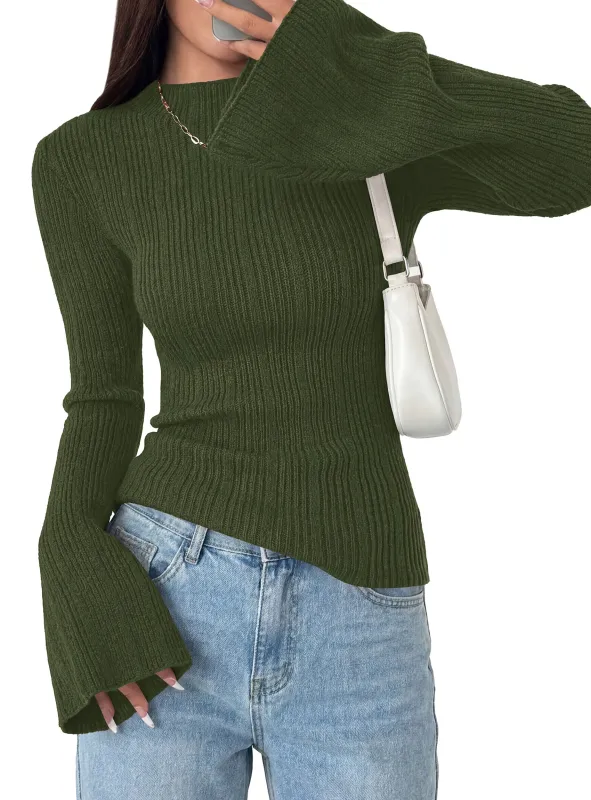 PRETTYGARDEN Sweaters for Women Lightweight Mock Neck Bell Long Sleeve Fitted Tops Ribbed Pullover 2026 Fall Fashion Clothing made by PrettyGarden